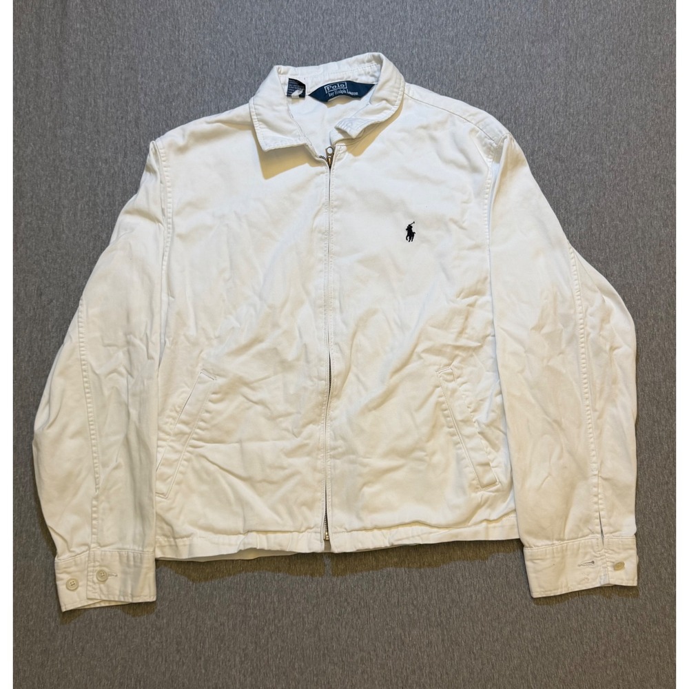 Vintage Polo Ralph Lauren Harrington Jacket Mens L White Cotton Black Pony 90s